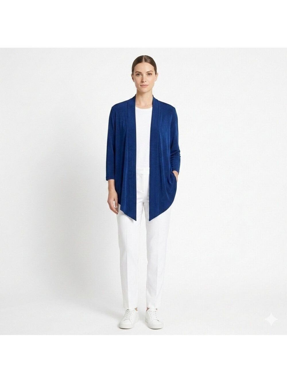TRAVELERS X CHICO’S Cobalt Blue Stretch Jersey Knit Open Front Cardigan SZ L